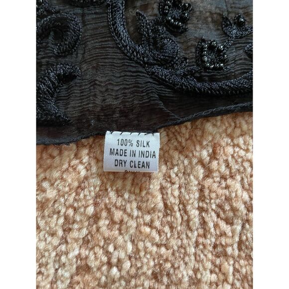 Black 100% Silk Beaded Embroidered Scarf Wrap Shawl Evening Made in India - Picture 2 of 6